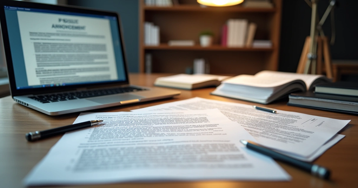 Mesa com documentos de licitação e computador