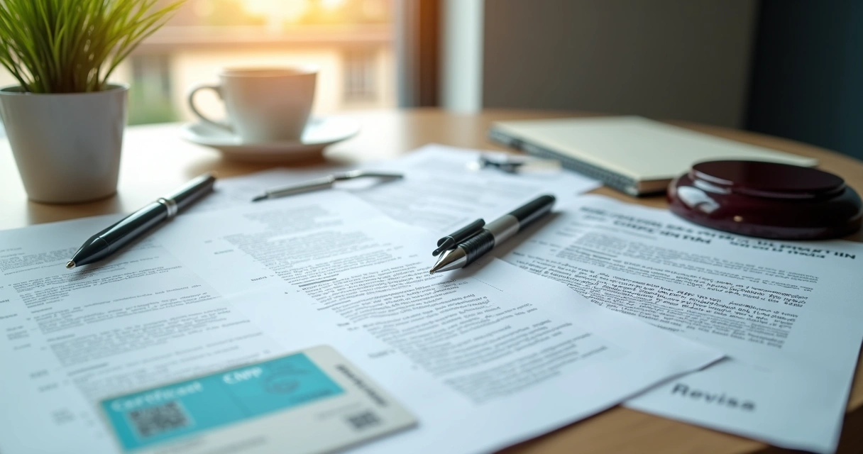 Documentos organizados sobre uma mesa para licitação