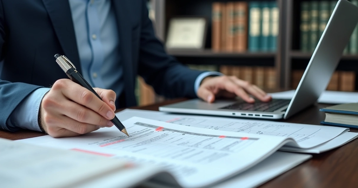 Empresário analisando documentos de licitação em uma mesa com laptop e planilhas