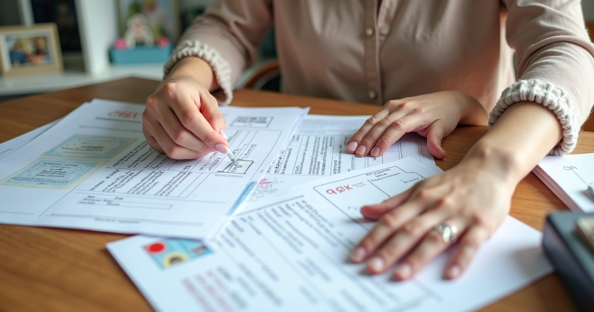 Documentos organizados em uma mesa com mãos femininas e infantis 