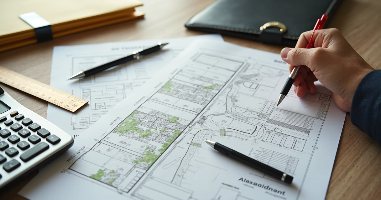 Documentos e planta de imóvel sobre mesa técnica