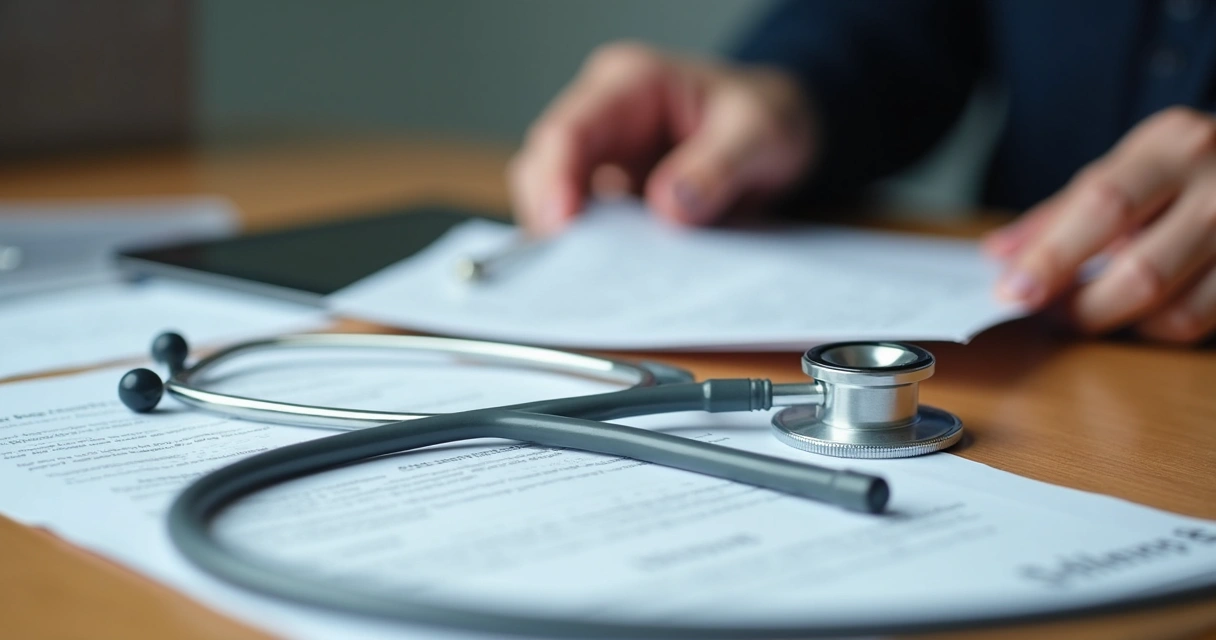 Documentos médicos e jurídicos sobre mesa de advogado