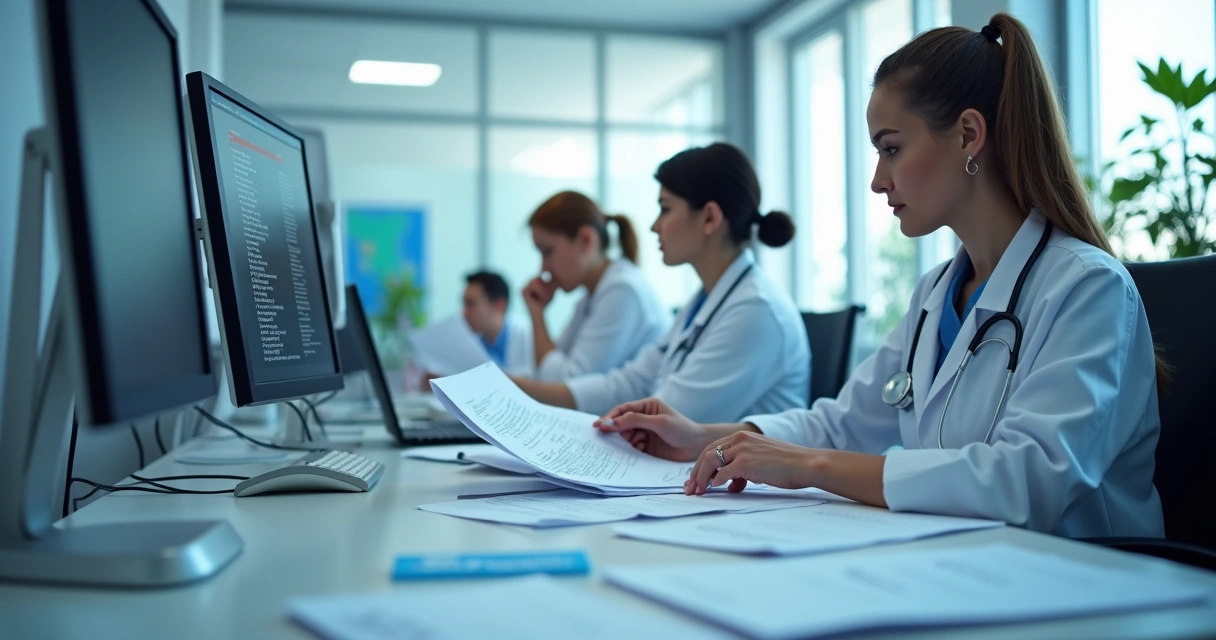 Equipe digitalizando documentos médicos em um consultório