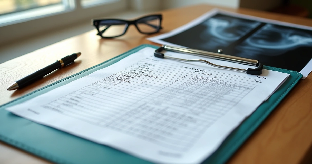 Conjunto de documentos médicos organizados sobre mesa clara. 