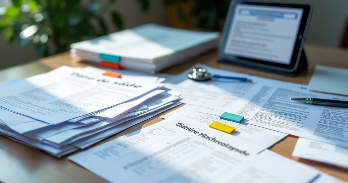 Vários documentos médicos e exames organizados em uma mesa 