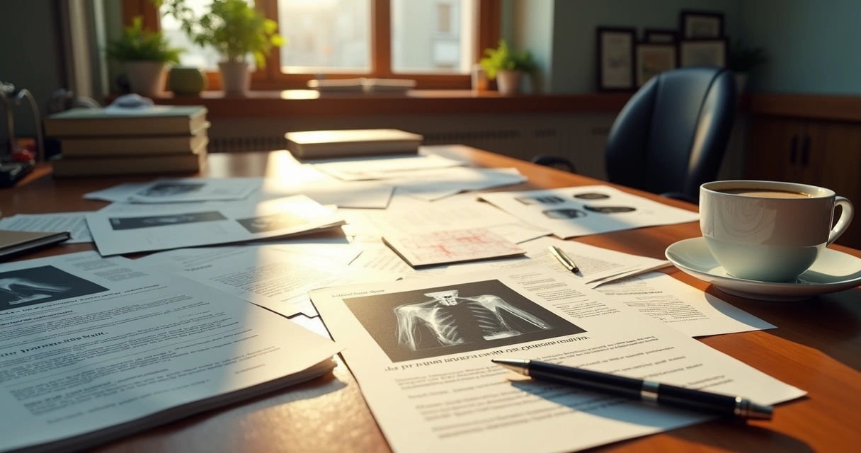 Pilha de documentos médicos e laudos sobre mesa de escritório 