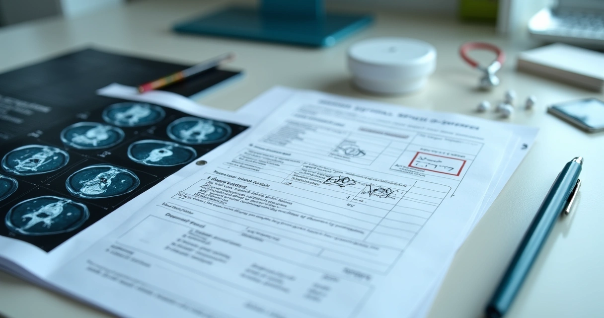 Documentos médicos e exames sobre mesa, com foco em laudo de tratamento oncológico. 