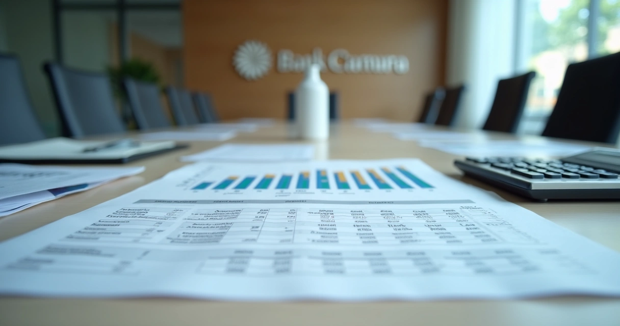 Documentos organizados sobre uma mesa de reunião bancária 