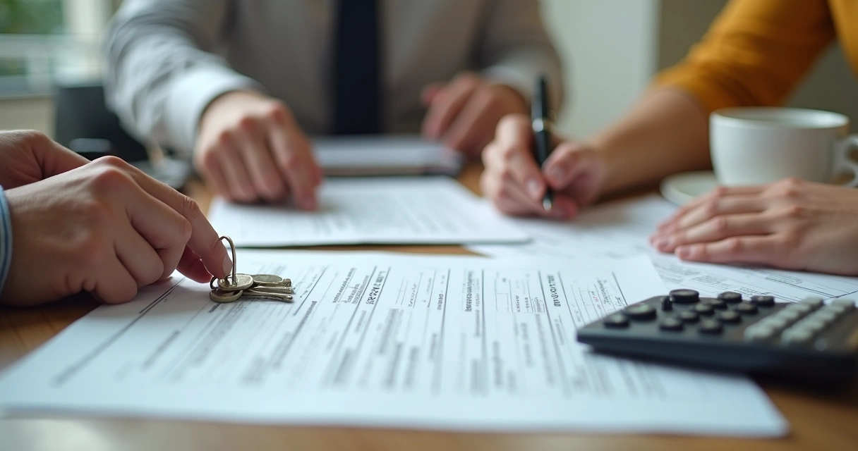 Mesa com contrato, chaves e calculadora em negociação imobiliária 