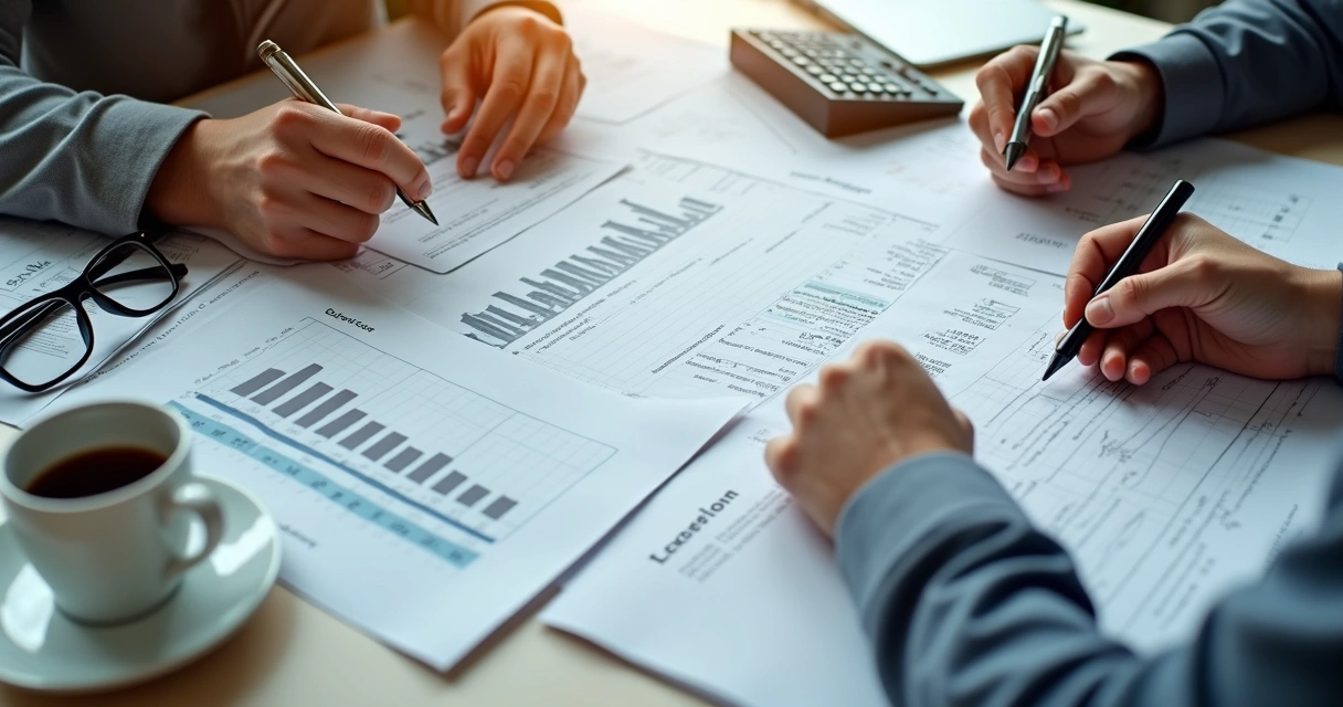 Mesa com contratos, cálculos financeiros e mãos fazendo anotações
