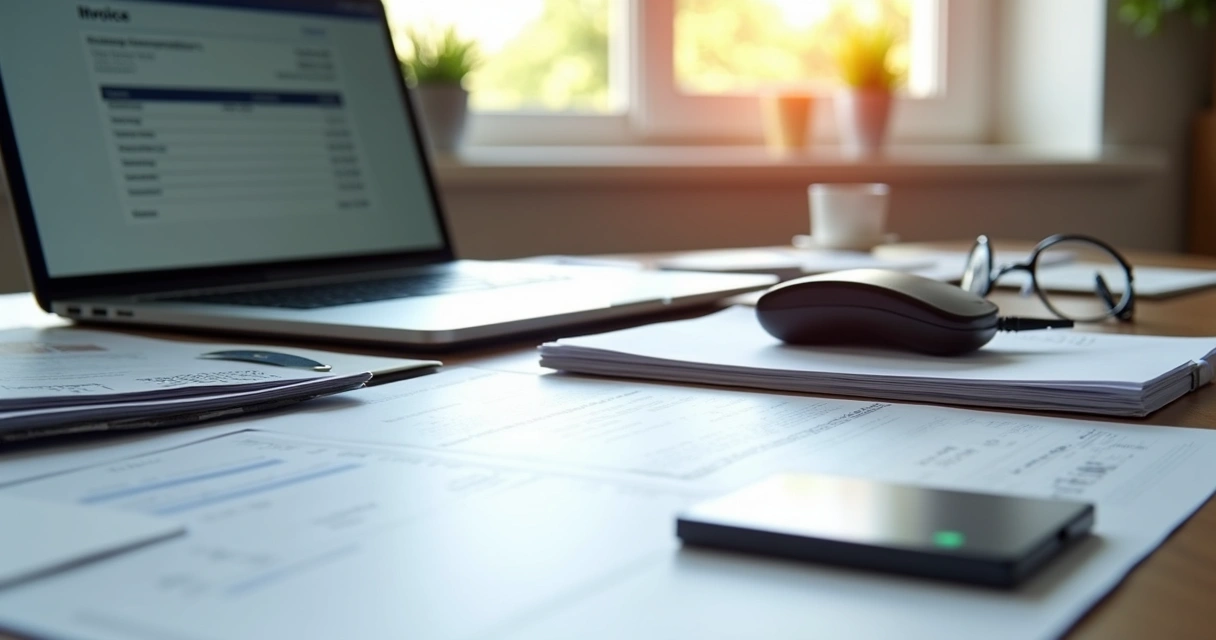 Documentos de empresa e computador organizados em mesa
