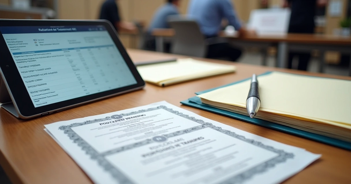 Certificados e registros de treinamento NR organizados em mesa 