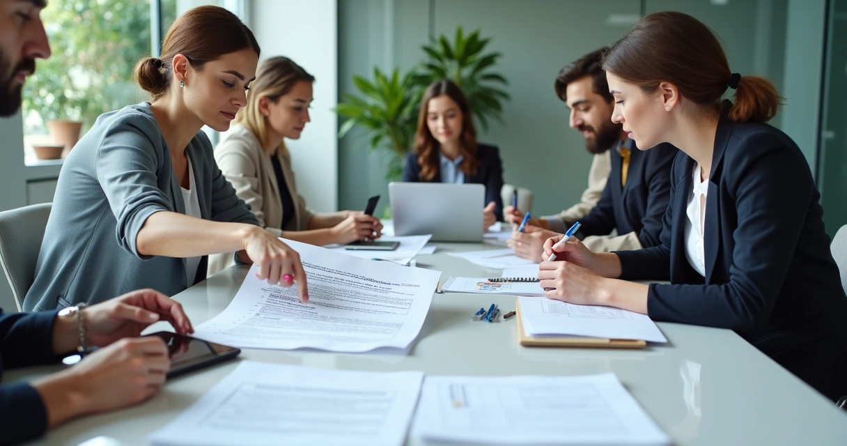 Equipe de RH revisando documentos trabalhistas em ambiente corporativo 