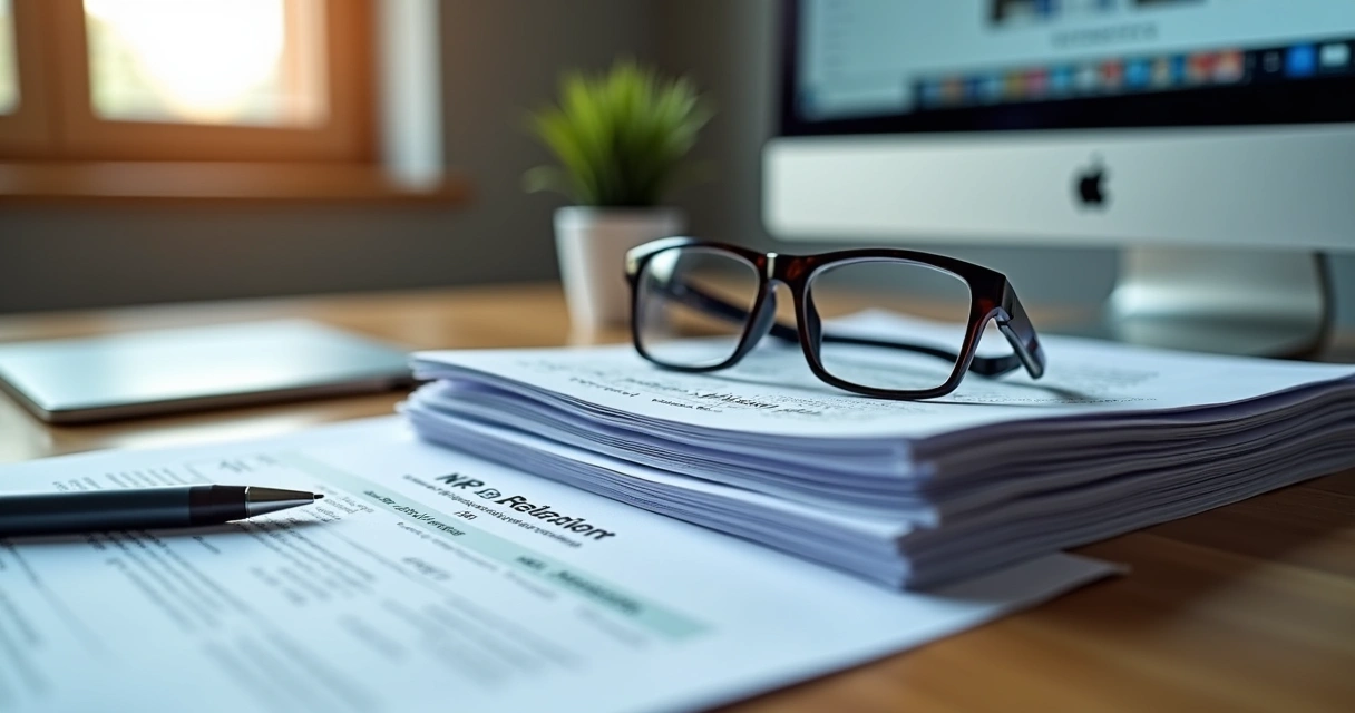 Pilha de documentos da NR-18 com destaque para atualização