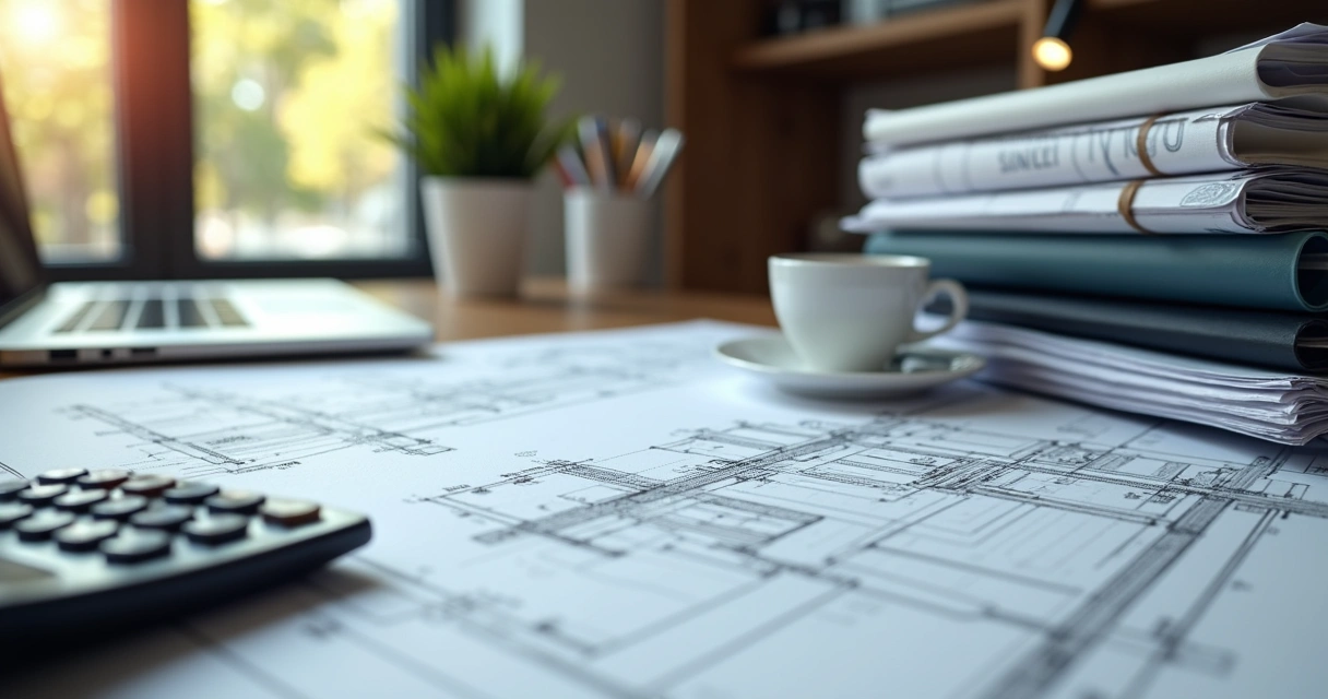 Documentos e papéis organizados em mesa de escritório de engenharia civil 