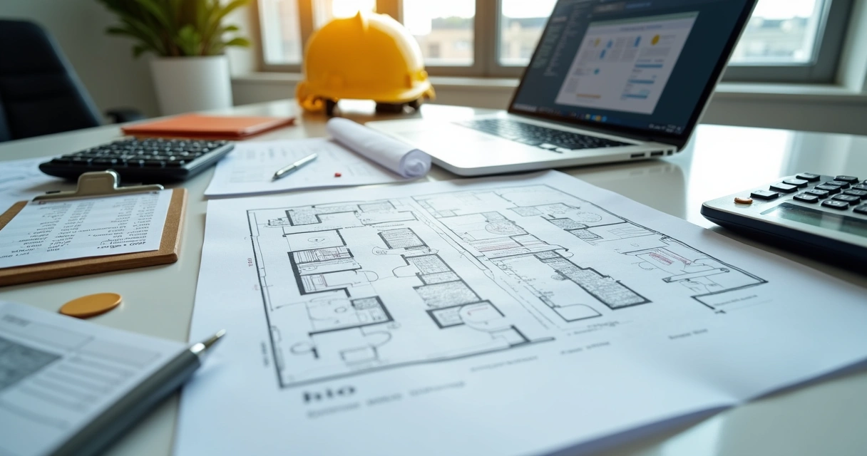 Documentos de obra com planta e capacete sobre a mesa 