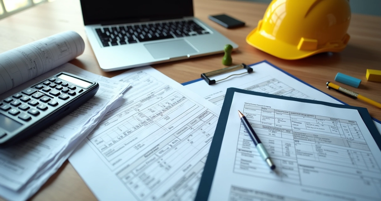 Documentos técnicos e capacete sobre mesa de escritório 