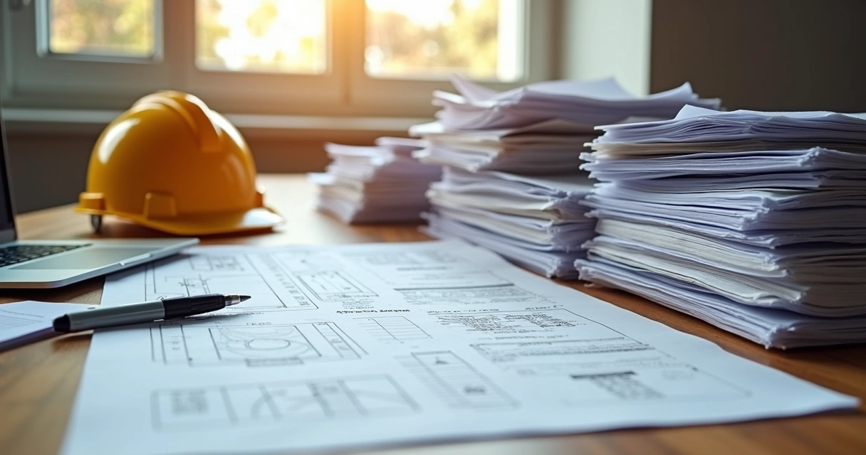 Organização de uma mesa com muitos documentos de obras comerciais e plantas técnicas 