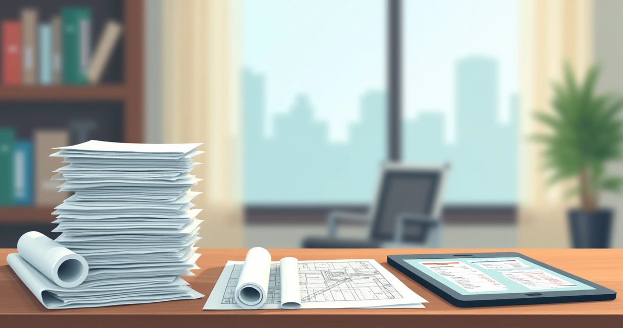 Documentos organizados sobre mesa com plantas e notas fiscais 