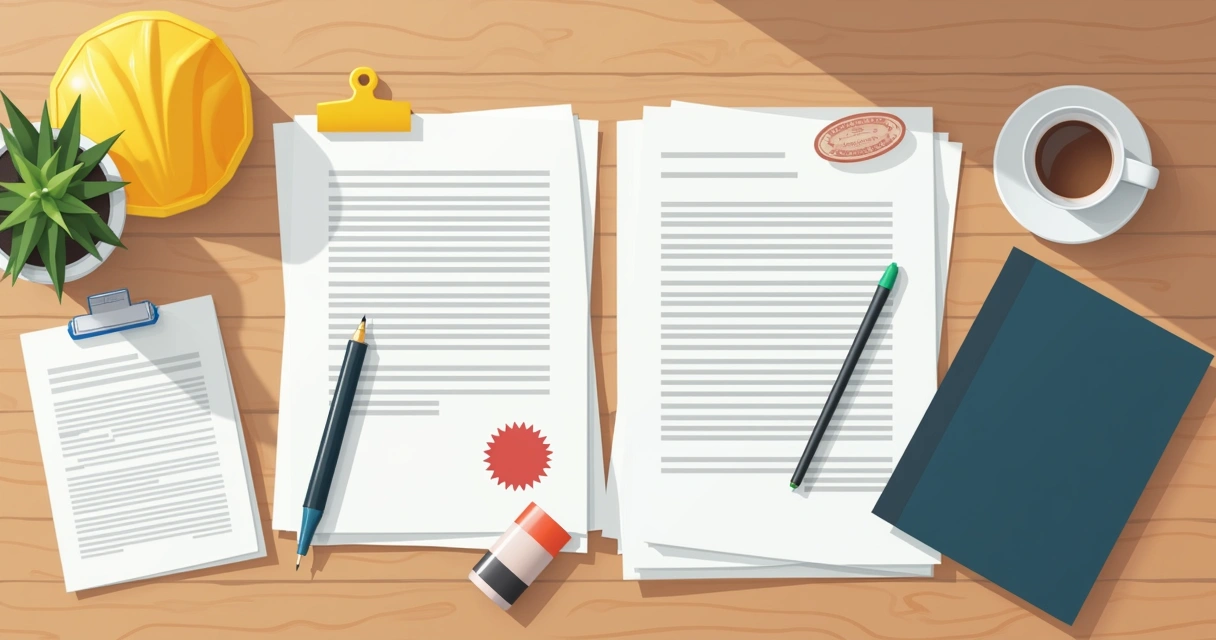 Pilha de documentos e certificados sobre mesa, com caneta e carimbo, simbolizando a regularização de obra. 