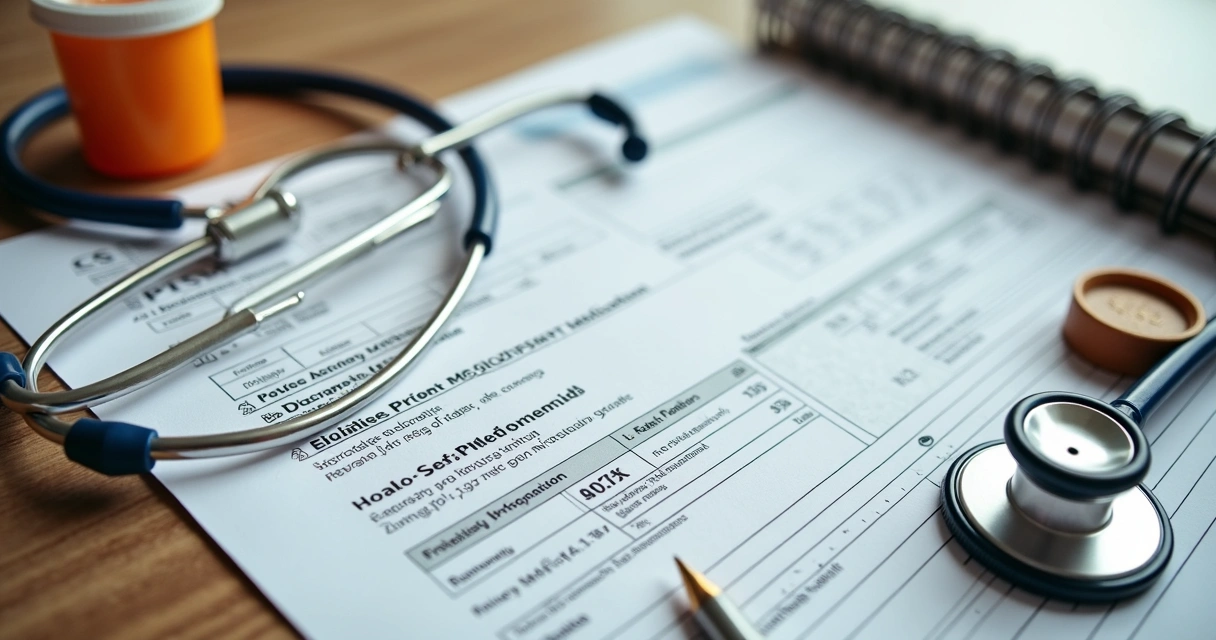 Mesa com documentos de solicitação de medicamento, carimbos médicos e caneta. 