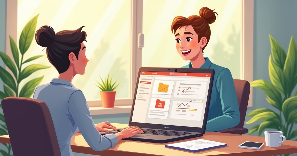 Pilha de documentos digitais organizados em tela de notebook, com uma pessoa sorrindo ao lado direito do computador 