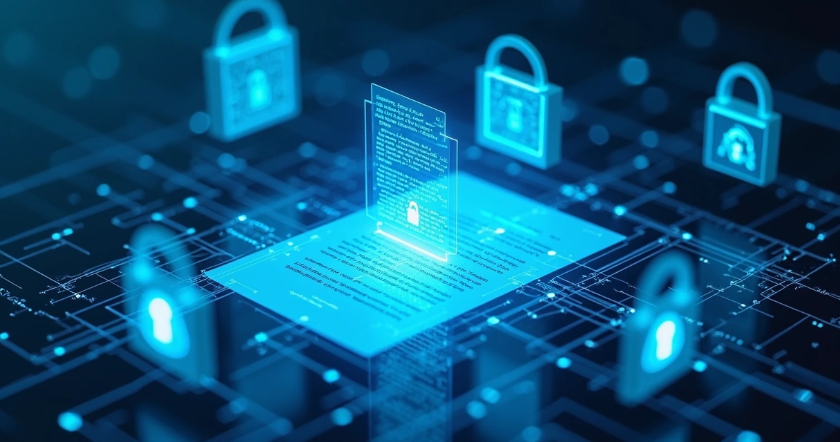 Documentos digitais criptografados em fundo azul