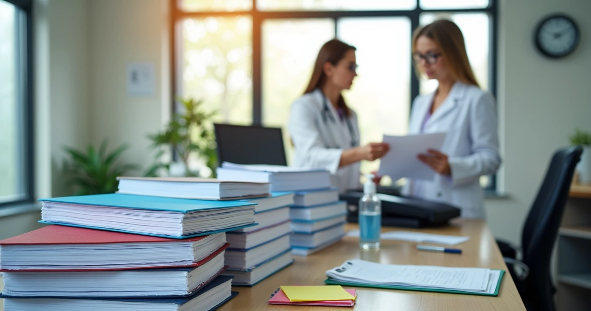 Pilhas de documentos organizados na recepção da clínica 