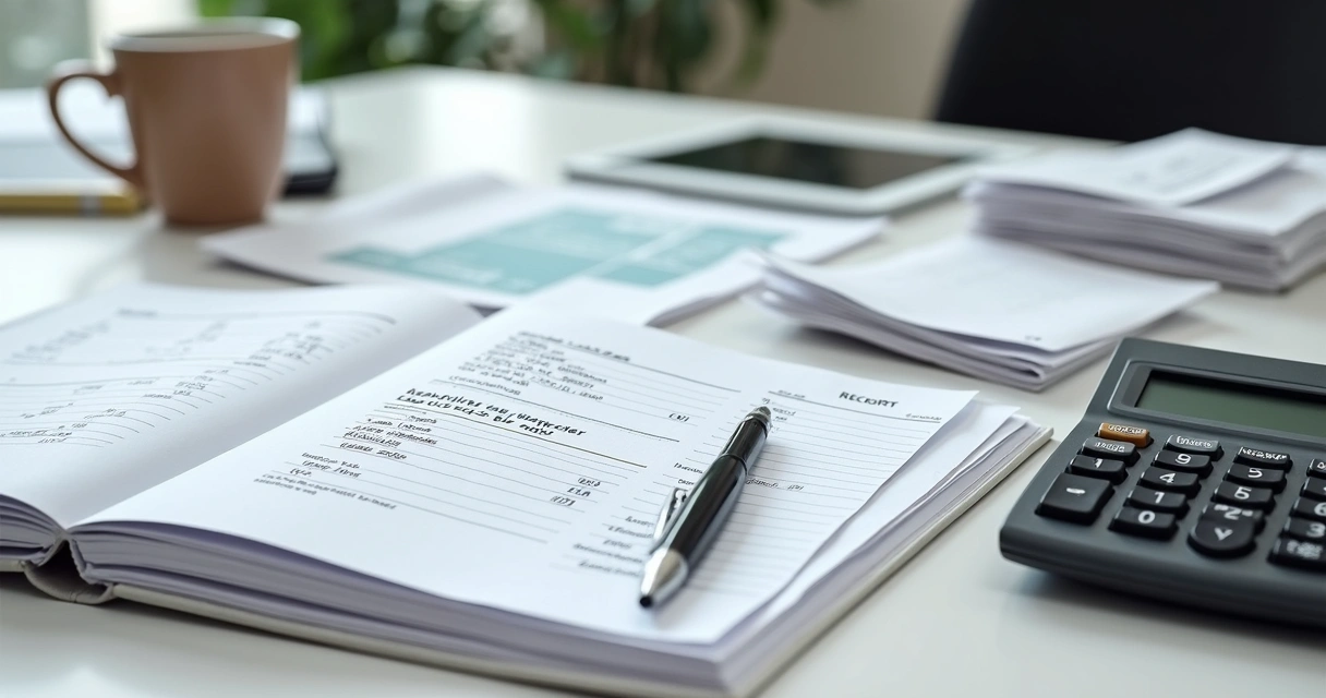 Mesa de trabalho com documentos e recibos organizados para declaração MEI 