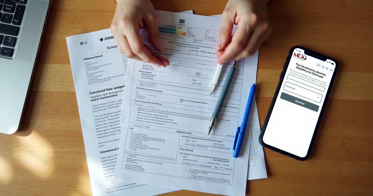 Mesa organizada com documentos, inscrição escolar e celular aberto em site do MEC, simulando solicitação de auxílio 