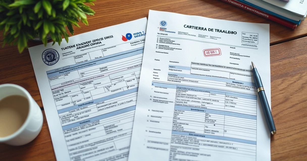 Mesa com documentos, laudos médicos e carteira de trabalho 