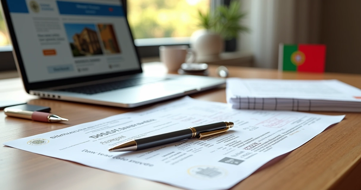 Documentos e contratos para compra de imóvel organizados sobre mesa de escritório com laptop e caneta 