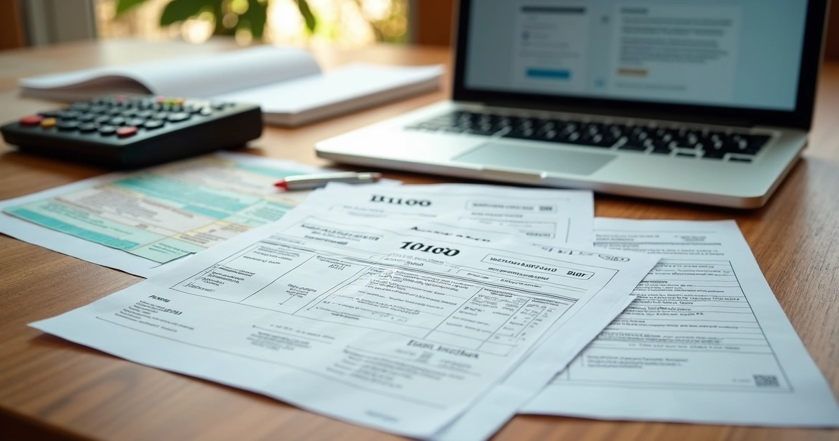 Diversos documentos organizados sobre uma mesa para declaração do imposto de renda