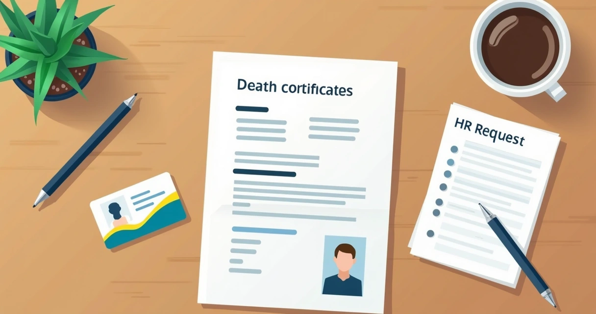 Documentos sobre uma mesa, como certidão de óbito e carteira de identificação pessoal 