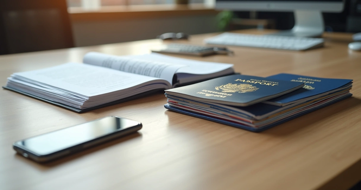 Pilhas de documentos oficiais e passaportes em uma mesa de escritório 