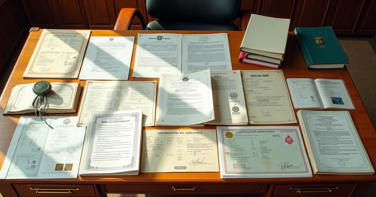 Vários documentos oficiais alinhados em uma mesa de madeira clara 