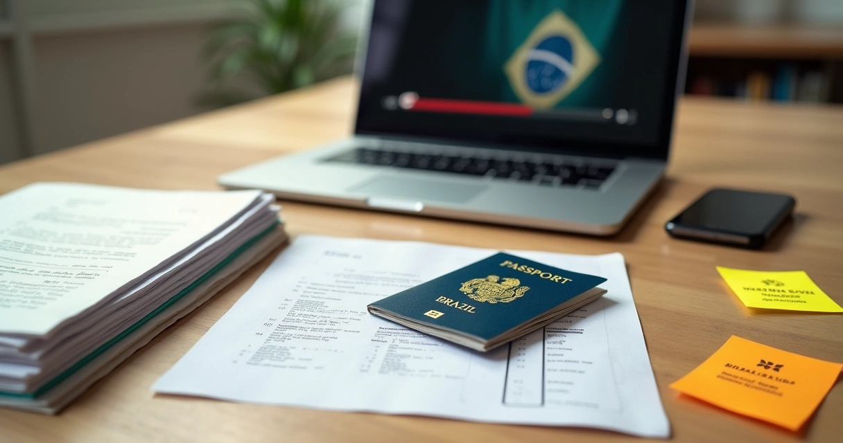 Documentos de visto organizados em pilha com passaporte brasileiro ao lado 