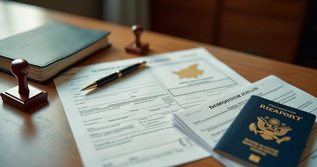 Documentos e carimbos oficiais sobre mesa 