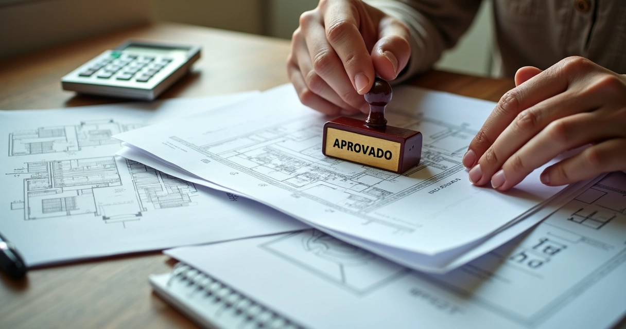 Documentos de imóvel sobre mesa com carimbo de aprovação 