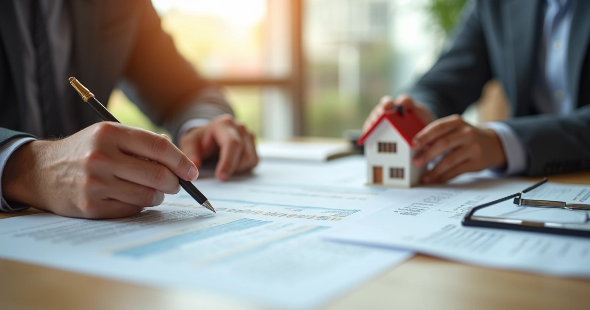 Mesa com documentos de partilha de bens, caneta e mãos de pessoas em sinal de acordo 