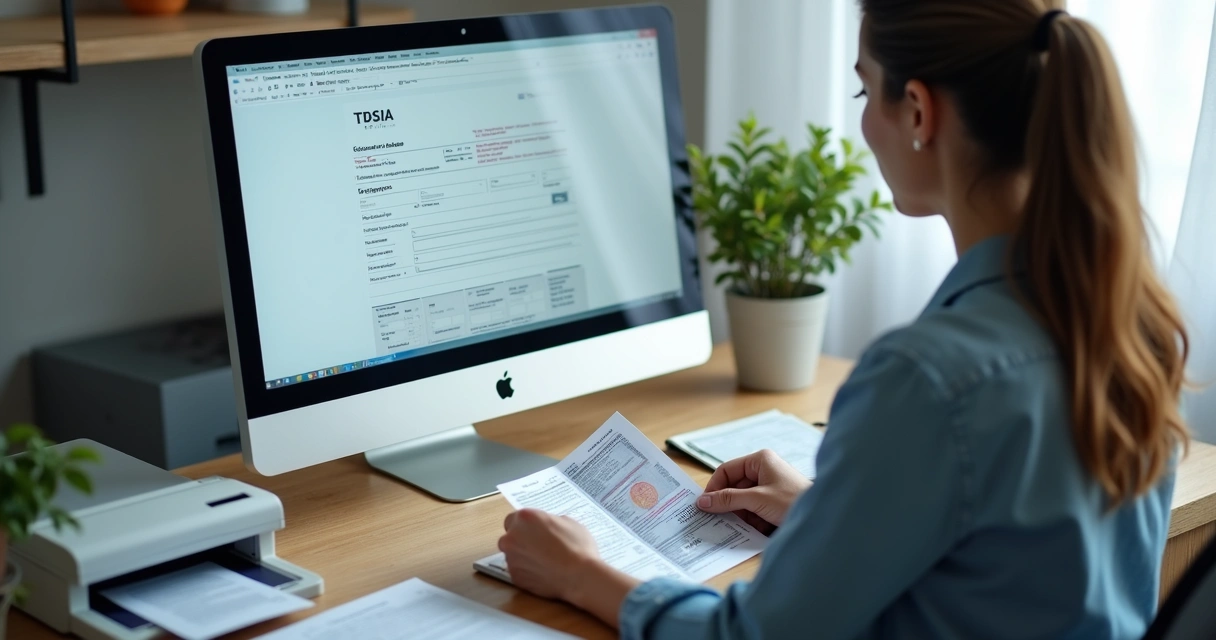 Pessoa digitalizando documentos para solicitação de PB4 em mesa de escritório, com computador e scanner 