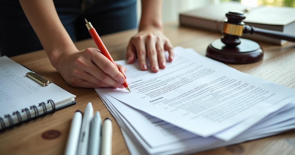 Documentos para pensão do INSS empilhados sobre uma mesa com mãos femininas ao fundo. 