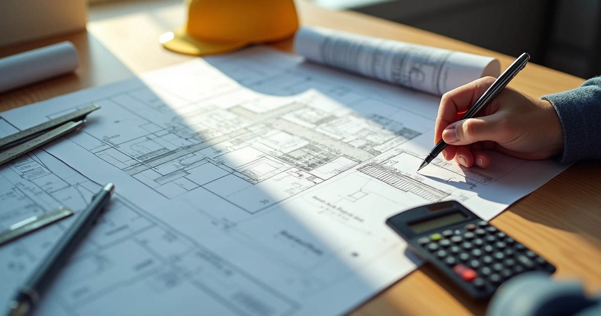 Documentos e plantas de perícia em engenharia civil sobre mesa 