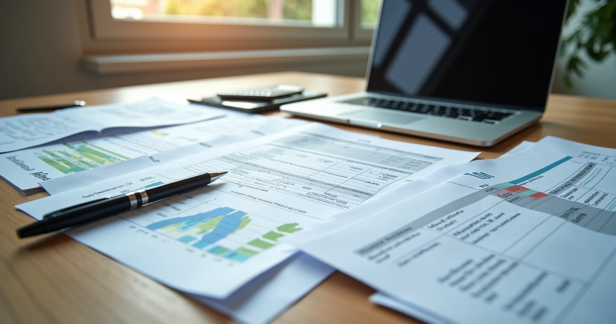 Mesa organizada com pilhas de documentos, extratos bancários, notas fiscais e laptop aberto 