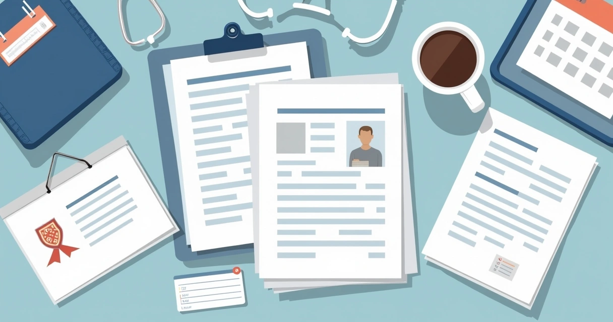 Documentos médicos e carteira de trabalho organizados para perícia