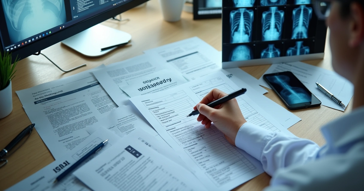 Laudos médicos e exames sobre a mesa para perícia do INSS