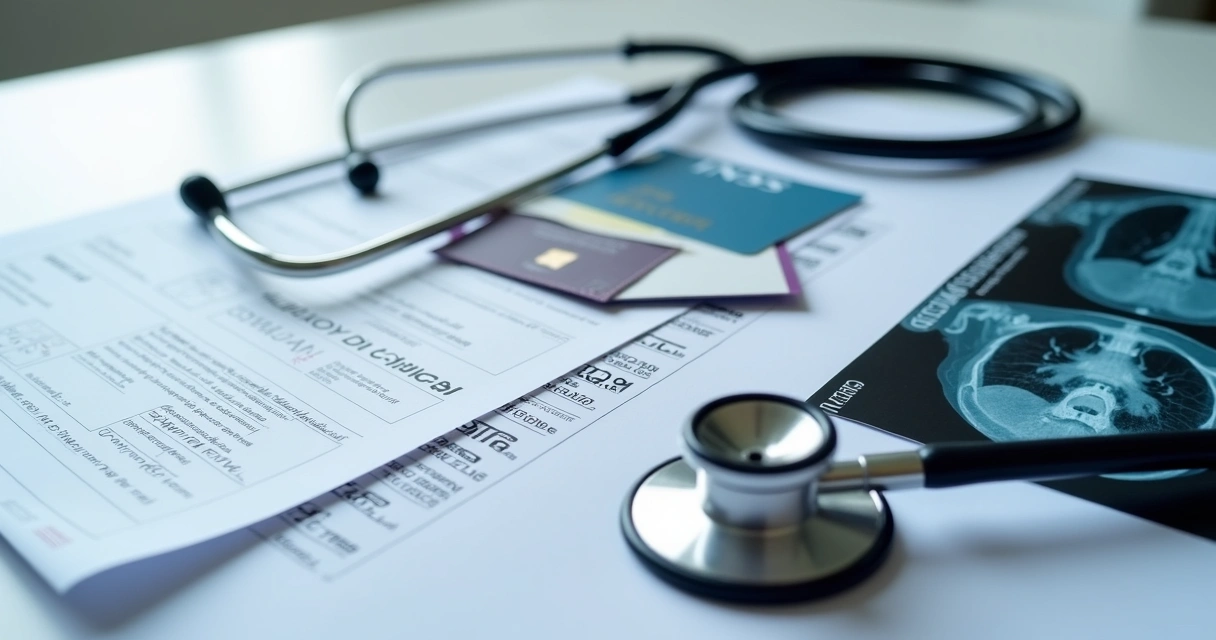 Pilha de documentos com laudos médicos e exames para perícia INSS 