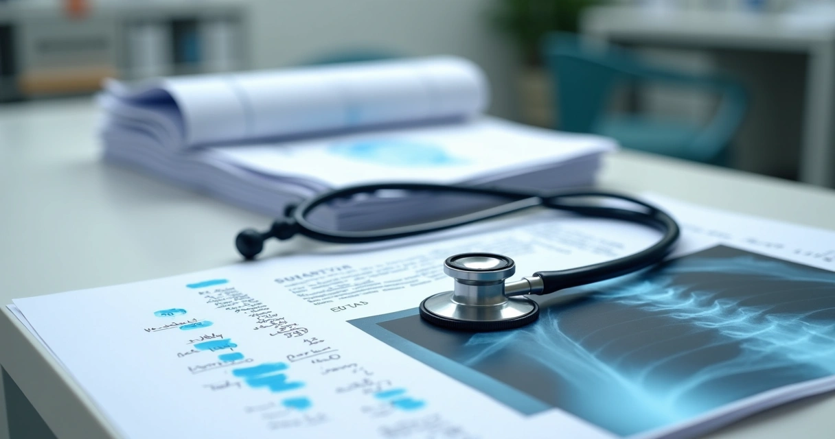 Documentos médicos sobrepostos sobre uma mesa clara 
