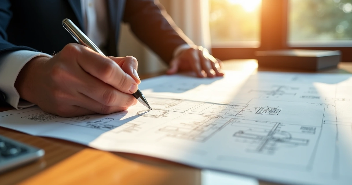 Documentos periciais de engenharia sendo assinados por especialista 