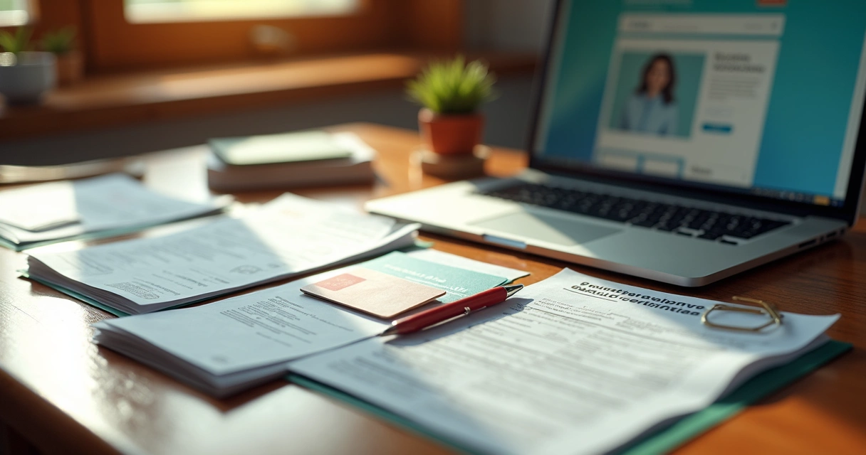 Documentos organizados sobre uma mesa, incluindo carteira de trabalho e formulário INSS